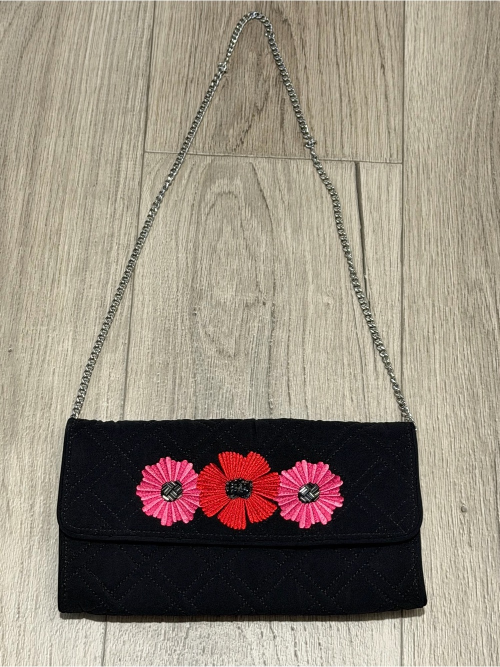 Black Floral Applique Chain Shoulder Bag - Quilted Evening Clutch